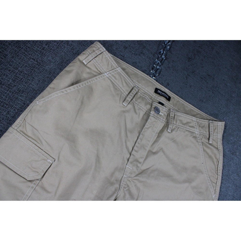 True Religion Mens Tan Khaki Cargo Pants Straight Leg Contrast Stitch Size 33